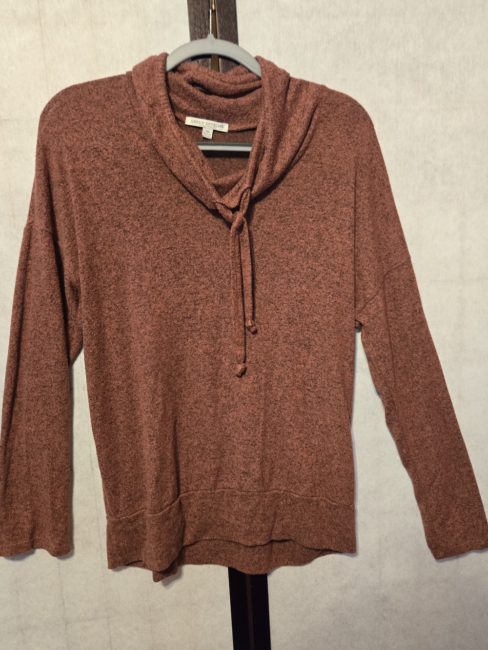 Green Envelope Rust Red Cowl-Neck Drawstring Sweater